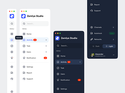 Zemlya Studio - Sidebar Navigation app branding dark mode dashboard hover illustration information left menu logo menu bar multi nav nav bar navigation bar popup product design side bar uiux user experience user interface web design