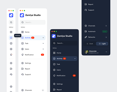 Zemlya Studio - Sidebar Navigation app branding dark mode dashboard hover illustration information left menu logo menu bar multi nav nav bar navigation bar popup product design side bar uiux user experience user interface web design