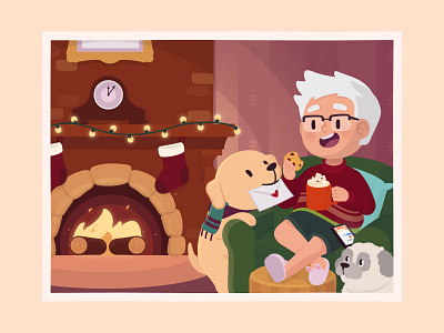 🍪☕ card character christmas coffee cookies dog fire place holiday illustration vector winter