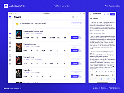 AlphaNovel - Writer Platform adaptive design alpha novel branding design design system graphic design illustration konturpasha typography ui web webmobile