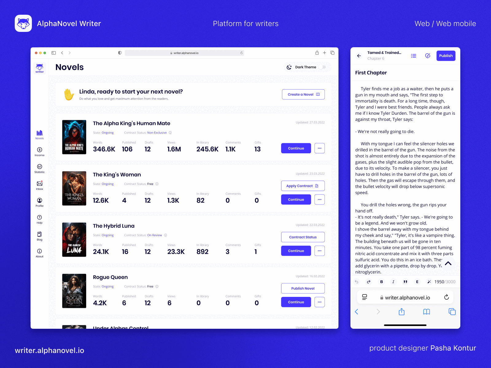 AlphaNovel - Writer Platform adaptive design alpha novel branding design design system graphic design illustration konturpasha typography ui web webmobile