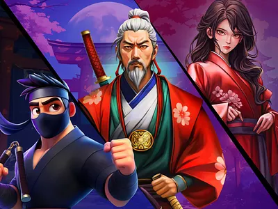 Unleash the Shadows: Samurai Ninja Warriors Slot Characters 2d artwork casino game casino style character design design inspiration design studio dribbble showcase gambling game design game studio illustration japanese style lime agency ninja ninja warrior photoshop samurai slot art slot game