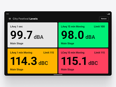 Noisy - Sound Management System - Tablet App android app card colour design grid live menu numbers sound tablet ui ux