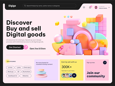 Digital marketplace modern UI with 3D illustration 2024 3d ai hero header design illustration landing page modern ui neel litoriya saloneel saloni ui ux web design