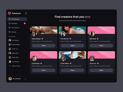 Fanslove / Creators branding creator creator dashboard creator page dark mode dark mode dashboard dashboard design design desktop fanslove fanslove dashboard illustration landing logo onlyfans ui ui design uidesign web