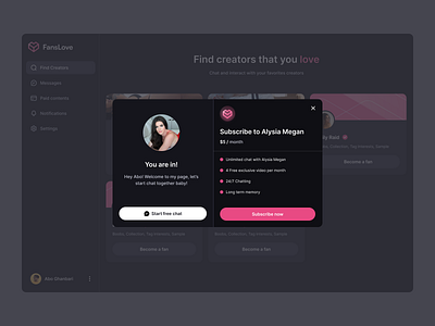 Fanslove / Followed Modal ai ai application ai dashboard animation branding dark mode dashboard design desktop landing modal motion graphics payment modal payment subscription subscription ui ui design uidesign