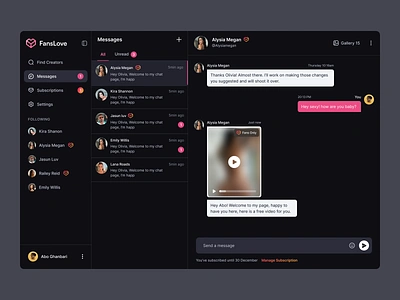 FansLove / Messages adult content ai app ai chat ai dashboard ai design ai messages ai product blurred content branding chat with ai dark mode ai dark mode dashboard design for ai desktop fanslove messanger ui uidesign