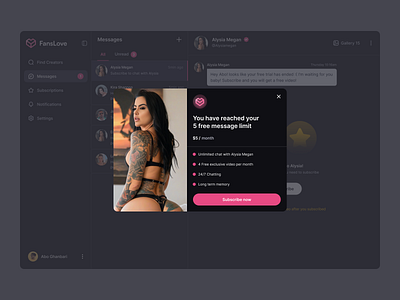 FansLove / Subscription modal ai app ai dashboard branding dark mode dashboard dark mode design dashboard design desktop fanslove illustration landing payment paywall pricing subscription subscription modal ui ui design uidesign web