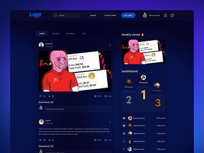 Social media feed for meme and crypto lovers comments crypto leaderboard memes modern design posts social media social media feed social media platform solana tabs ui ux violet web3