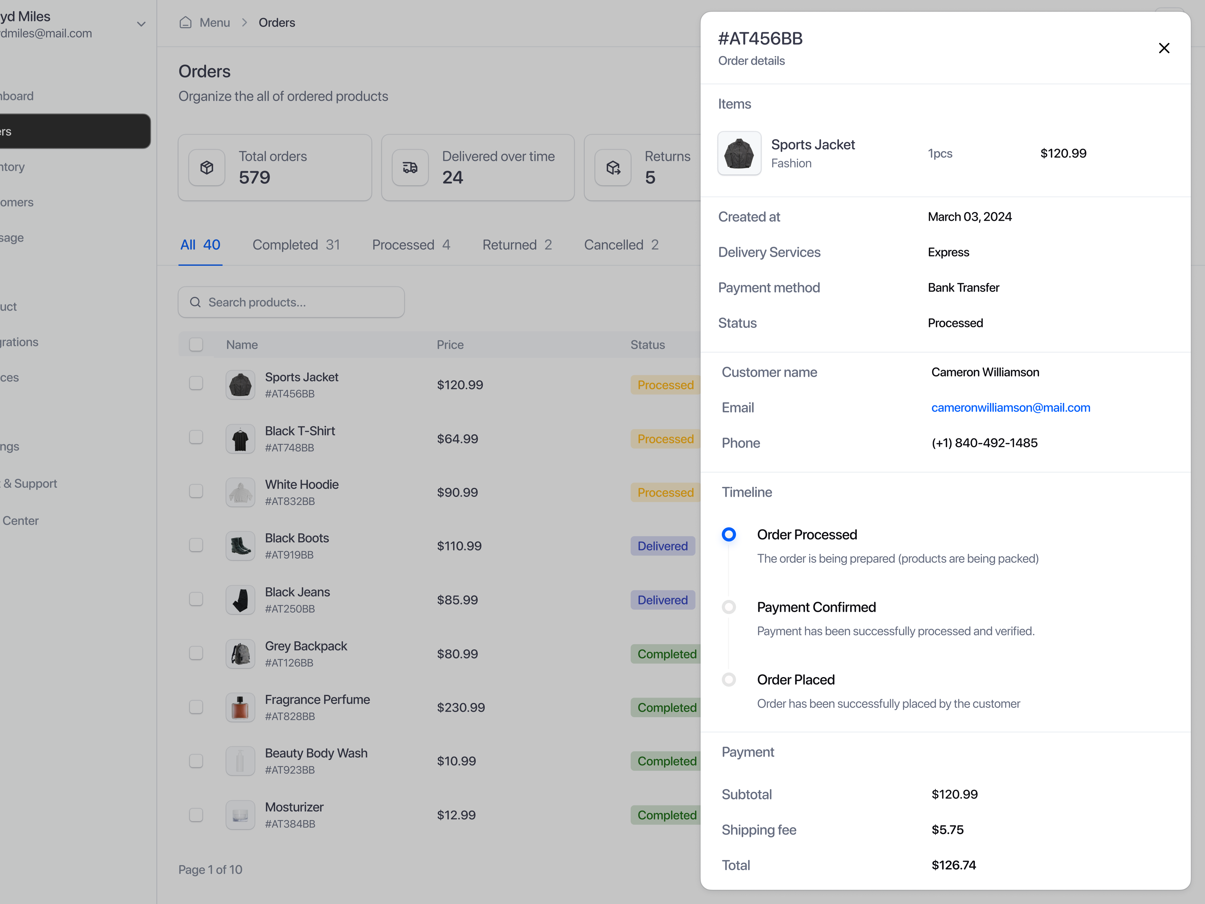 Example of E-Commerce Saas Web App - Detail Orders