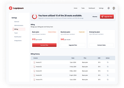 Dashboard billing page billing page dashboard ui with plan and billing history.