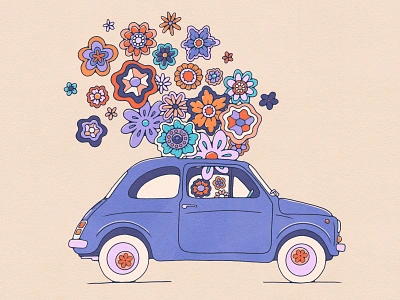 Feel Good Fiat Vibes 70s car colorful feel good fiat florals flower power good vibes groovy art hippie illustration livelyscout retro retro illo sweet wheels vintage car vintage illustration