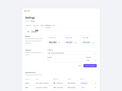 Setting Page balance dashboard form saas setting tab table whitdraw