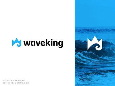 Waveking - Logo design for a surfing board maker. Wave + Crown. beach branding creative logo crown identity king logo logo design logo designer minimal logo modern logo ripple sea surf surfing water wave wave logo waves wind