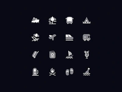 Neaticons Trip, Travel Icons - Bulk Style airpan flying beach umbrella branding bus campfire ev charging station icon icon pack icon set iconography icons message bottle neaticons rv ship side suitcase train travel ui wind sail