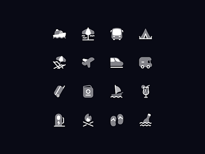 Neaticons Trip, Travel Icons - Bulk Style airpan flying beach umbrella branding bus campfire ev charging station icon icon pack icon set iconography icons message bottle neaticons rv ship side suitcase train travel ui wind sail