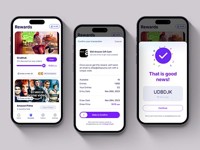 Reward App - Transaction Flow animation app bottom sheet button confirmation draw ecommerce flow gaming join list modal panel purchase reward sidebar slide store success transaction