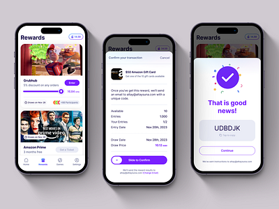 Reward App - Transaction Flow animation app bottom sheet button confirmation draw ecommerce flow gaming join list modal panel purchase reward sidebar slide store success transaction