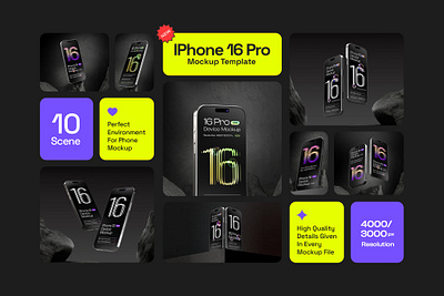 iPhone 16 Pro Mockups - 10 scenes 16 pro 3d 3d mockup app apple application branding device device mockup display mockup iphone iphone 16 iphone mockup iso mobile mockup phone mockup screen screen mockup ui