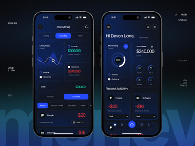 Moneytoring Mobile App app banking dark mode e wallet e wallet app minimalist mobile app mobile banking money payment ui ui design