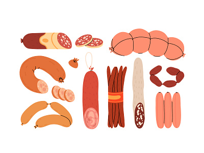 Sausages set boiled cartoon concept design flat food illustration meat sausages smoked vector