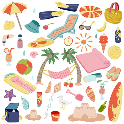 Collection of Summer Objects in Flat Style art cartoon design doodle draw graphic design hand draw illustration illustration art note sticker summer vector