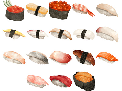 A series of images showcasing a variety of sushi types art cartoon design doodle draw food food art graphic design hand draw illustration illustration art note sticker sushi vector