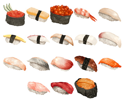 A series of images showcasing a variety of sushi types art cartoon design doodle draw food food art graphic design hand draw illustration illustration art note sticker sushi vector