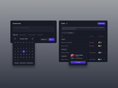 Create task modal app avatar calendar cards clean contact create dark design follow minimal modal mode simple table task ui uiux ux widget