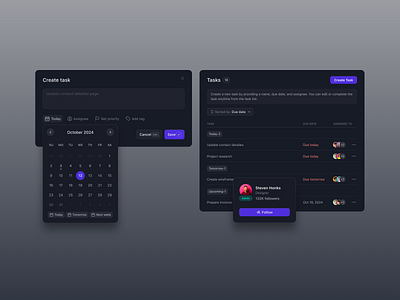 Create task modal app avatar calendar cards clean contact create dark design follow minimal modal mode simple table task ui uiux ux widget
