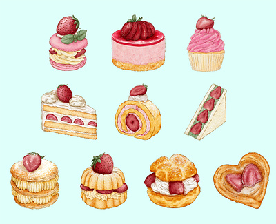 A collection of various strawberry dessert types art cartoon design draw graphic design hand draw illustration