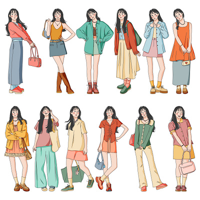 A series of images featuring a girl in various outfits art cartoon design draw graphic design hand draw illustration