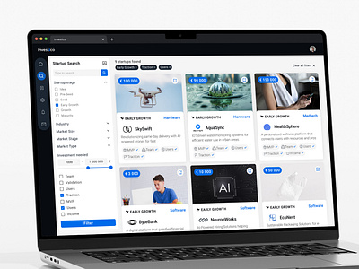 Investor Dashboard Design dashboard dashboard design filters investors matching platform search filters startaps ui desig user interface ux design web design