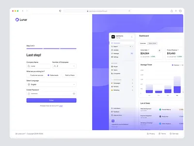 Lunar - Onboarding Flow ai barly crm dashboard design marketing onboarding saas sign in sign up ui uidesign ux uxdesign uxerflow web web app web design website