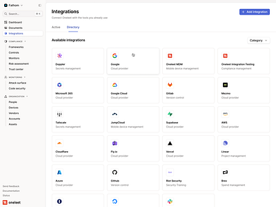 Integrations Listing Page - Directory cards connections directory figma grid hover integration integrations minimal product design saas sidebar tabs ui design ui ux web