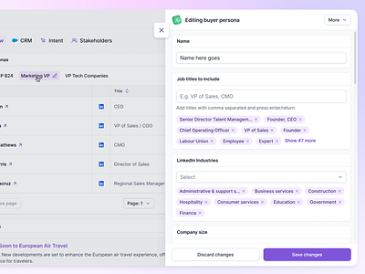 👤 Buyer Persona Editor for Lantern 👤 apollo attio automation badge builder buyer persona crm discard changes hubspot panel persona persona builder sales salesforce save changes slide panel slider tags user persona zapier
