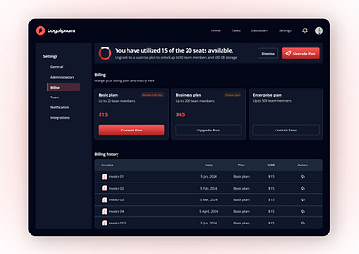 Billing system-dark mode billing history billing system dark mode figmadesign subscription ui