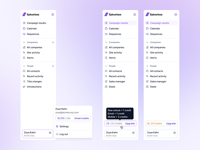 New sidebar iteration apollo credit credit system credits crm dashboard design hover state hubspot interactions lusha menu menu bar outreach sales salesforce sidebar sidebar menu ui zoominfo