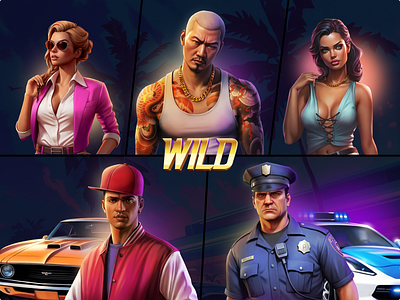 Game characters 2d art animation casino casino game character design gambling graphic design i gaming illustrations miami original design policemen slot elements slot game ui ui ux game