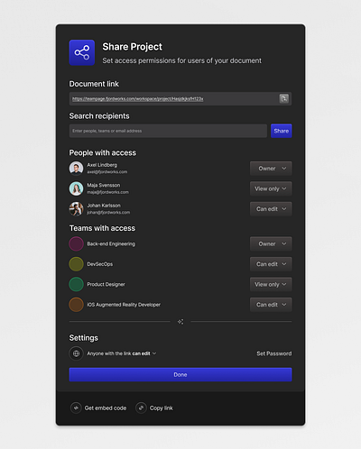 Share Project Modal dark mode inner shadow modal ui share project share with teams ui user interface web project