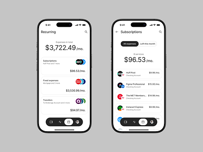 Recurring expenses management banking black and white cash expenses finances fintech management minimal money obligations product design recurring subscriptions transfers ui