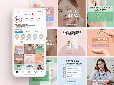 Purely Olivia Social Media Templates brand branding cosmetics feed instagram instagram template minimalistic pastel post skin care social media templates