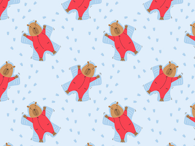 Capybara making snow angels seamless pattern animal character capybara graphic design pattern pet seamless pattern snow angel vector background winter activity winter fun winter holidays