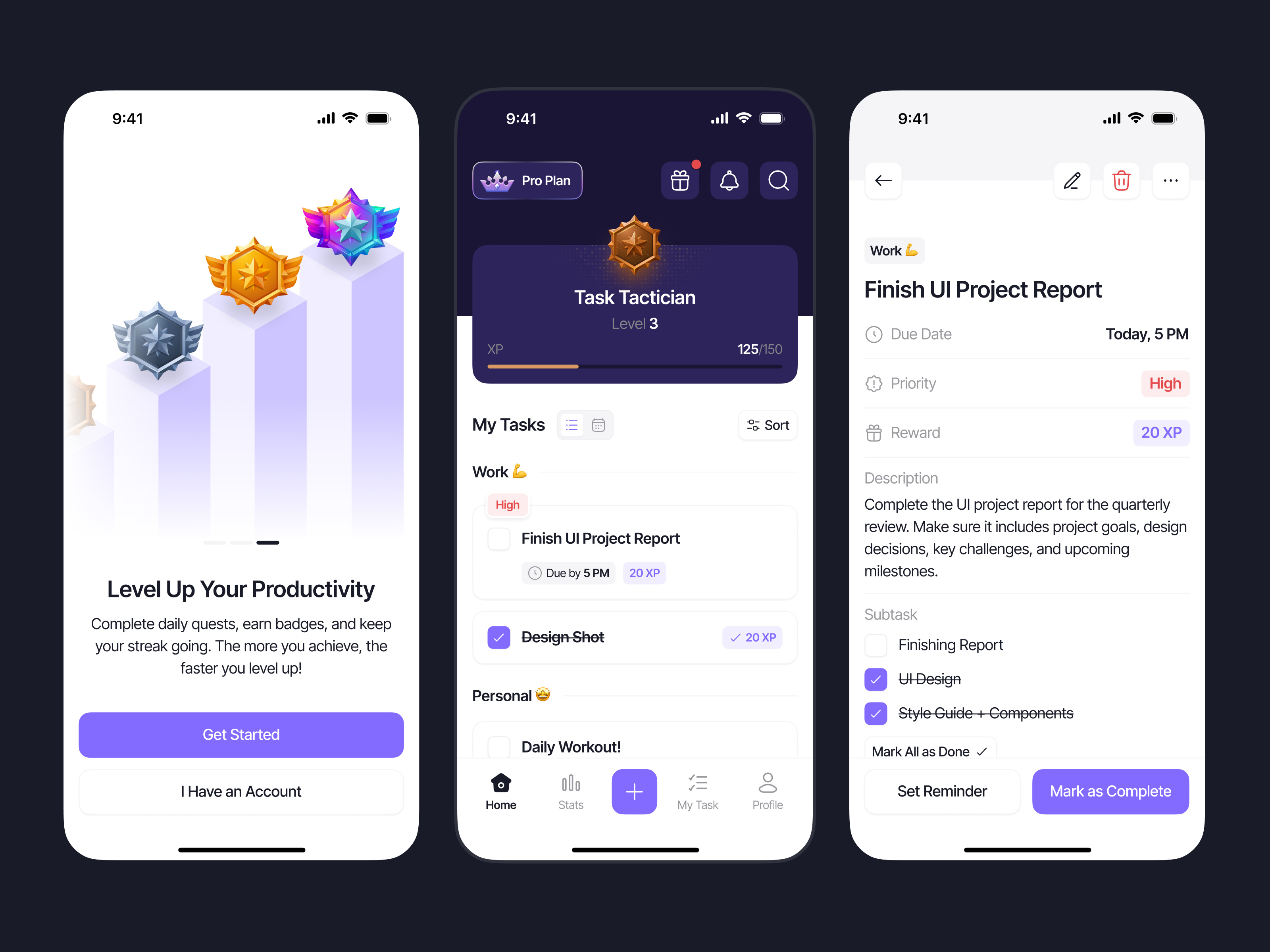Achievr - Gamification To-do List App app checklist design game gamification leaderboard level management mobile planner productivity purple task to do list ui ui design uiux