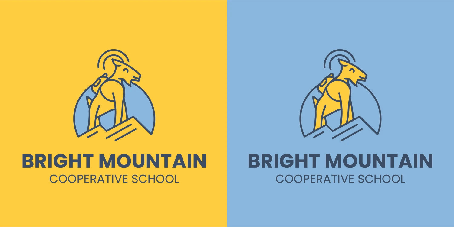 Bright Mountain Logo backpack branding bright children cooperative design education goat graphic design learning logo logo design mountain ram school schooling sun sunshine walking