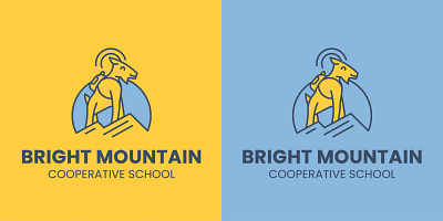 Bright Mountain Logo backpack branding bright children cooperative design education goat graphic design learning logo logo design mountain ram school schooling sun sunshine walking