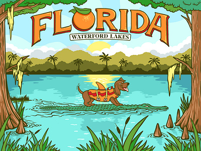 Pokey's Playground - Portillo's Hot Dogs branding chicago dachshund dog florida gator hotdog illustration mural orlando portillos sunrise sunset swamp vector waterfordlakes