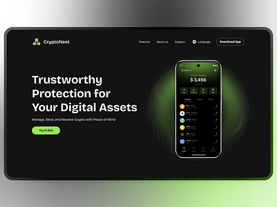 Crypto Wallet Landing Page - Crypto Nest animation app branding design minimal typography ui ux web web design website