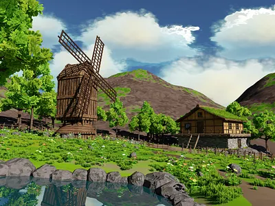 Windmill Pond Scene 3D model 3d 3dmodel art blender3d clouds environment exterior fence flower forest grass house landscape mountain nature pond render rocks tree windmill
