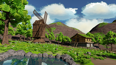 Windmill Pond Scene 3D model 3d 3dmodel art blender3d clouds environment exterior fence flower forest grass house landscape mountain nature pond render rocks tree windmill